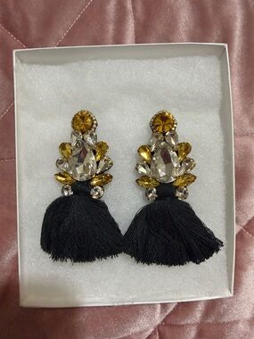 Herencia Clothing Black Tassel Drop Earrings with Amber and Clear Crystals